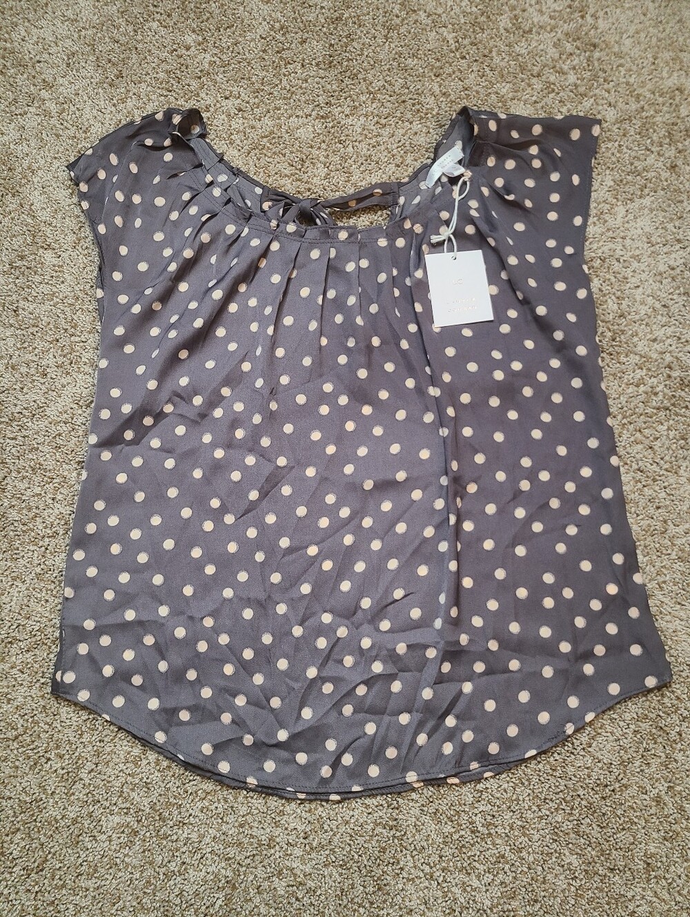 NEW Lauren Conrad Polka Dot Silky Blouse With Tie In Back